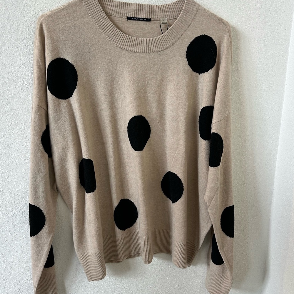 Beige Tahari Sweater with Black Polka Dots